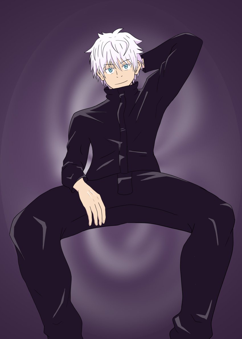 arm_behind_head jujutsu_kaisen satoru_gojo solo_male white_hair