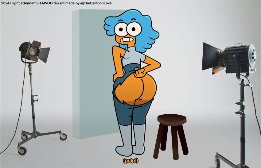 back_view big_ass big_butt big_eyes blue_hair cartoon_network chair exposed_ass flight_attendant_(the_amazing_world_of_gumball) gasp grabbing_pants hand_on_hip open_eyes orange_skin photo_studio ripped_clothing ripped_pants string text the_amazing_world_of_gumball the_cartoon_love thick_ass