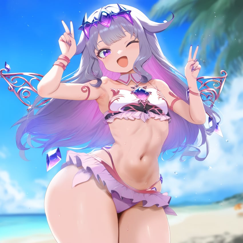 ai_generated ameanon beach bikini bikini_skirt double_peace_sign flat_chest hololive hololive_english koseki_bijou one_eye_closed peace_sign smile thick_thighs virtual_youtuber vtuber wide_hips wink