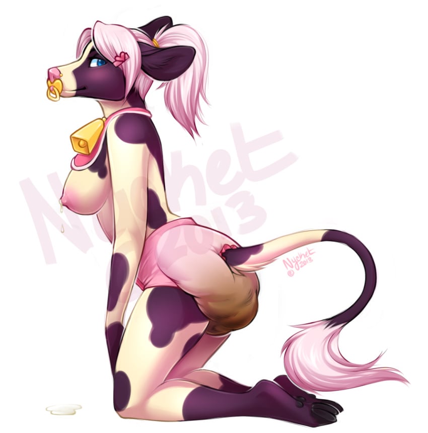 anthro areola bib big_breasts bovine breasts cattle character_request clothed clothing cowbell diaper diaperfur digitigrade feces hair kneeling lactating long_hair looking_at_viewer mammal messy_diaper milk milk_pool nipples nycket pacifier scat side_view simple_background soiling solo_focus source_request topless white_background