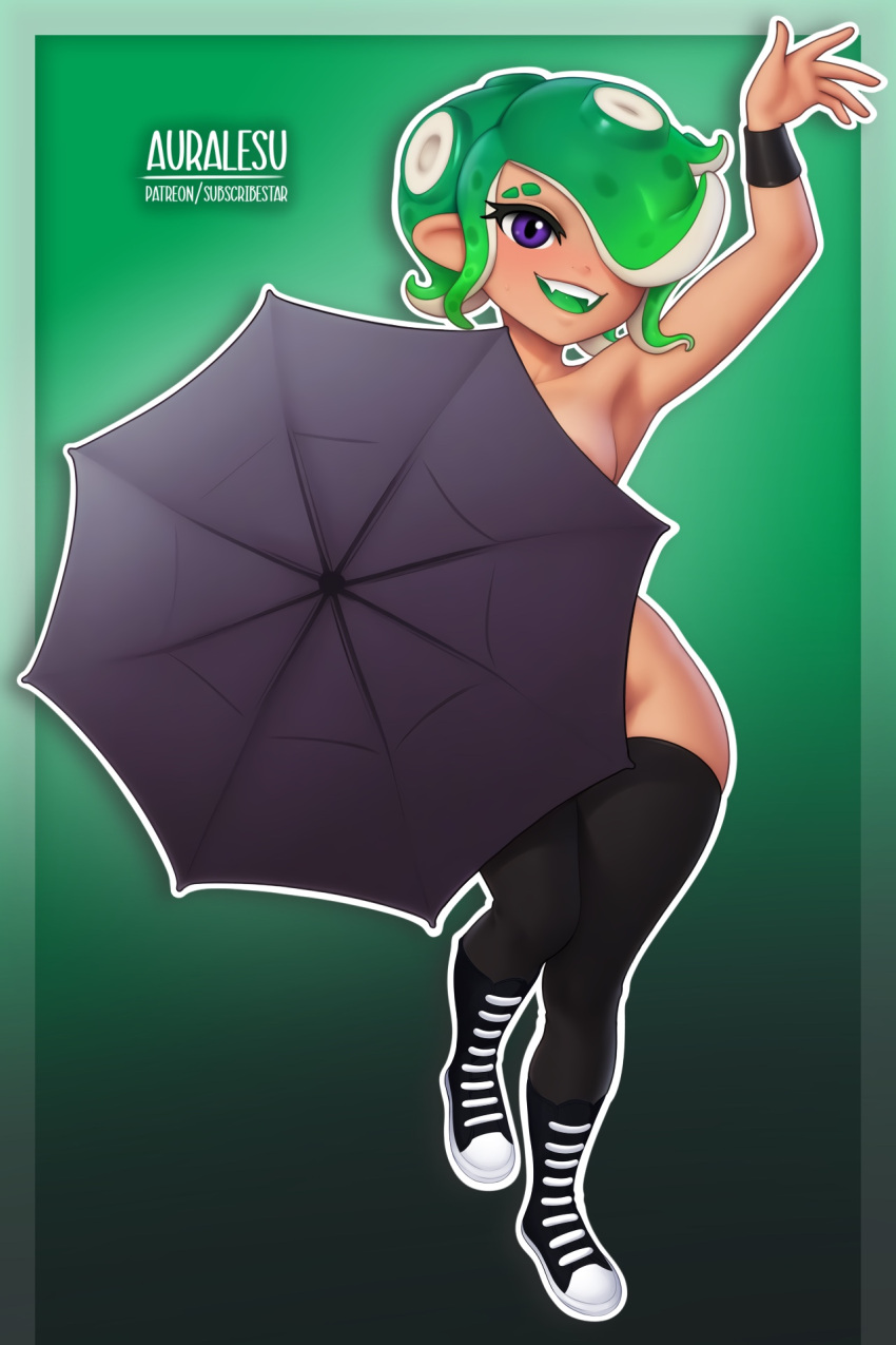 areola_slip armband auralesu black_armband colored_tongue eyebrow_cut female green_hair green_tongue hand_up highres holding holding_umbrella nintendo octoling original patreon_username pinup_(style) purple_eyes splatoon splatoon_(series) splatoon_1 subscribestar_username thighhighs umbrella