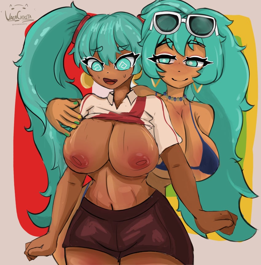 2girls areola asian_latina ass big_ass big_breasts big_thighs bikini blush brazil brazilian brazilian_female brazilian_miku breasts cyan_eyes cyan_hair federacion_peruana_del_futbol female female_only hatsune_miku huge_ass huge_thighs latin_american_hatsune_miku_(meme) lifting_shirt long_hair looking_at_viewer nipples peruvian_female peruvian_miku shirt shorts solo sweatdrop tagme tan tan_body thick_hips thick_thighs thighs twintails vacachikita vocaloid