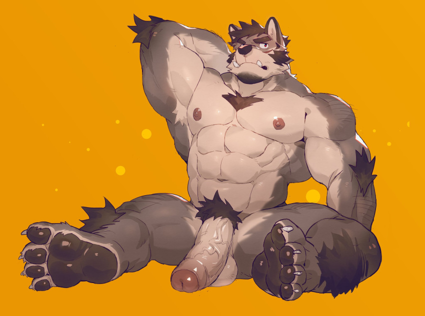 4_toes abs anthro biceps canid canine claws digital_drawing_(artwork) digital_media_(artwork) erection feet fur hair hi_res kelvinash male mammal muscular muscular_anthro muscular_male navel nipples pubes simple_background toe_claws toes