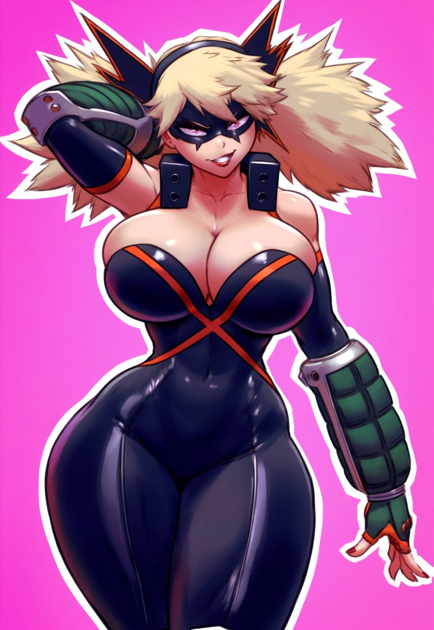 1girls ai_generated ass_cleavage big_ass big_breasts big_butt bimbo bimbofication cleavage corruption female_bakugou genderswap_(mtf) katsuki_bakugou krystalizedart magic midjourney mind_break mind_control my_hero_academia pink_clothing pink_eyes pleasure_face rule_63 smile student superheroine thick_thighs transformation