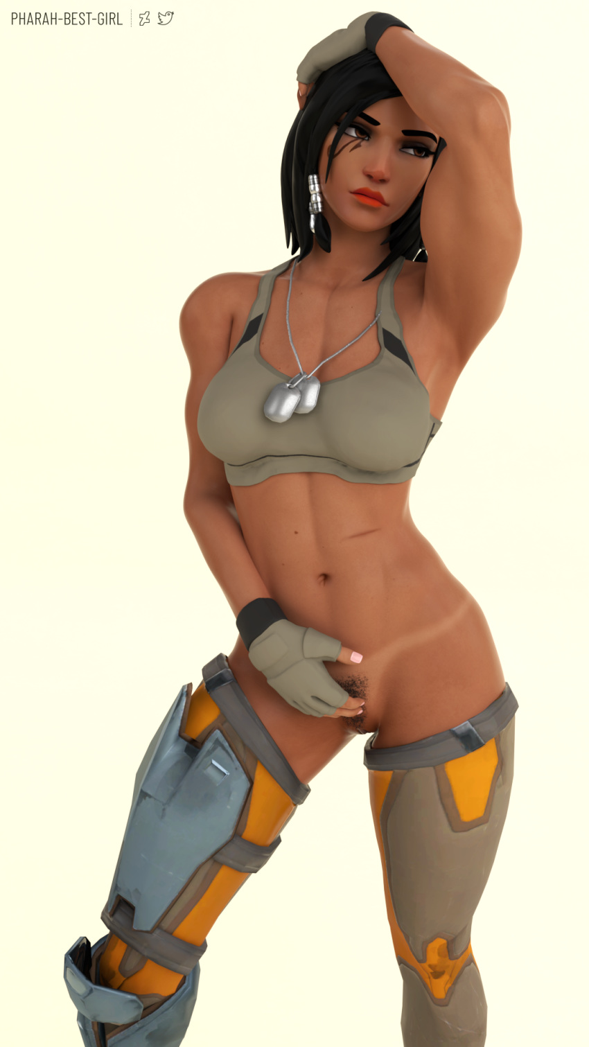 3d abs black_eyes black_hair blender dark-skinned_female dark_skin dog_tags female female female_pubic_hair fingerless_gloves gloves hand_on_head high_resolution looking_away military military_uniform muscle muscular_female overwatch pharah pharah-best-girl pubic_hair uniform