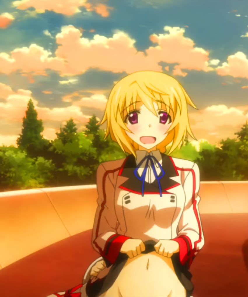 1girls big_breasts blonde_hair bottomless busty charlotte_dunois clothes_lift hi_res infinite_stratos large_breasts lifted_by_self long_hair looking_at_viewer low_ponytail navel no_panties open_mouth purple_eyes school_uniform schoolgirl smile solo