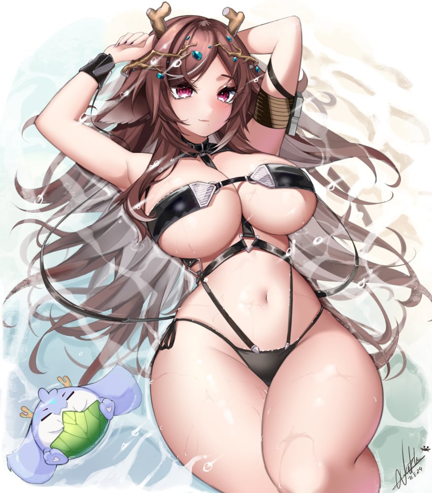 1girls absurdres bikini black_bikini black_nails breasts brown_hair cleavage closed_mouth cosplay dated dragon_girl dragon_horns female female_only fingernails goddess_of_victory:_nikke highres horns indie_virtual_youtuber light-skinned_female light_skin long_hair lying mole mole_under_mouth natch_imaycz navel on_back pink_eyes rosanna_(chic_ocean)_(nikke)_(cosplay) sharp_fingernails side-tie_bikini_bottom signature solo sugi_aoki swimsuit virtual_youtuber wet_body