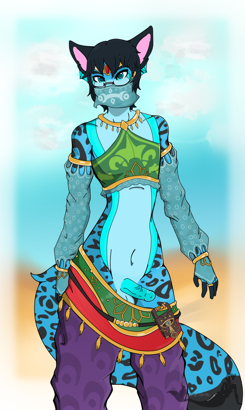 absurd_res anthro clothed clothing crossdressing eyewear feline gerudo_costume girly glasses half_clothed hi_res male mammal nintendo pantherine penis rash_almose snow_leopard solo the_legend_of_zelda video_games yourfurryotaku