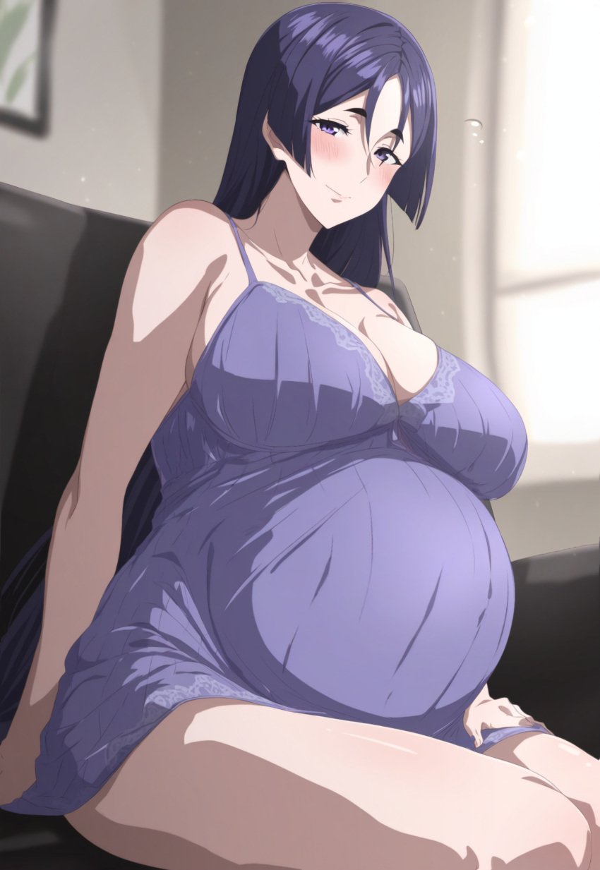 ai_generated big_ass big_breasts blush child_bearing_hips fate_(series) heavily_pregnant housewife looking_at_viewer married_woman milf minamoto_no_raikou_(fate/grand_order) mother nightgown pregnant purple_hair smile thick_thighs tofuro wife