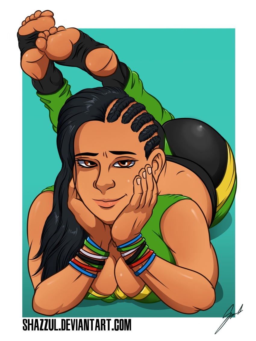 ass barefoot brazilian brazilian_female breasts capcom dark-skinned_female dark_skin feet female latina laura_matsuda shazzul soles solo stirrup_legwear stirrups street_fighter street_fighter_v toes