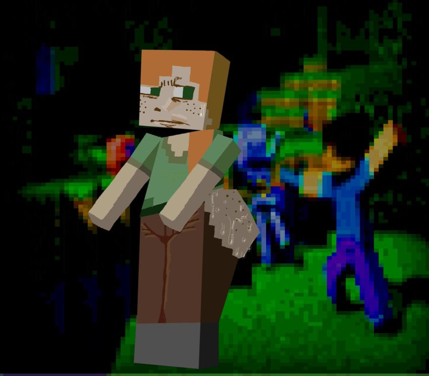 1girls alex_(minecraft) bodily_fluids female freckles freckles_on_ass freckles_on_face fur_ghost genital_fluids genitals ghostfluff0 ginger ginger_hair green_eyes looking_back minecraft mojang ripped_clothing square_head sweat sweaty_butt tagme