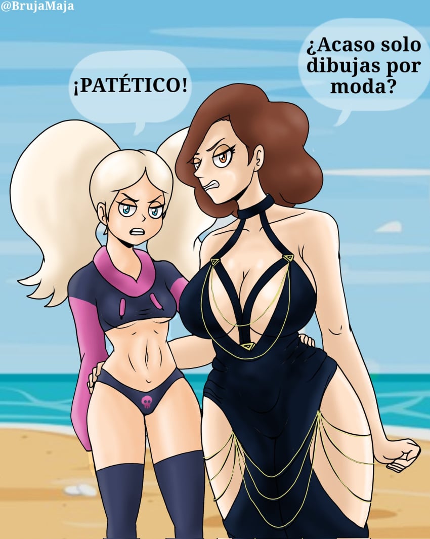 2girls adult_and_teenager angry angry_expression angry_eyes angry_face beach big_breasts black_dress blonde_hair blue_eyes blue_jacket blue_legwear blue_panties blue_socks blue_underwear breasts brown_eyes brown_hair dress hand_on_another's_hip hilda_(series) jacket johanna_(hilda) large_breasts legwear light-skinned_female light_skin long_hair marra milf modakawa_dress navel paggi_outfit panties purple_jacket short_hair socks spanish spanish_text thigh_highs thighhighs thighs twintails underwear wide_hips