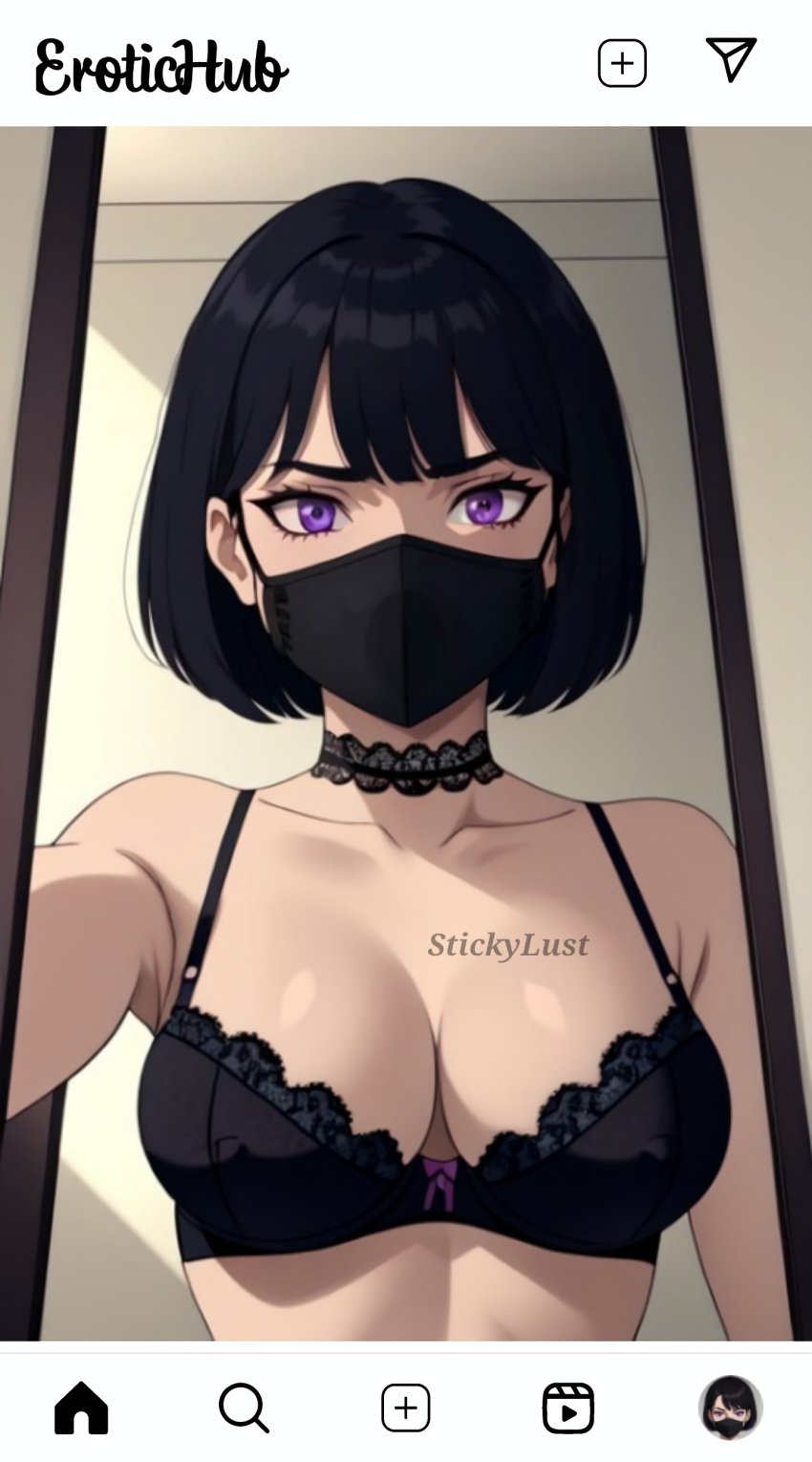 ai_generated black_hair black_lingerie bob_cut fake_screenshot fake_social_media female female_focus female_only instagram instagram_username lingerie lingerie_bra mask masked masked_female medium_breasts nipples no_sex oc only original_character perfect_body purple_eyes pussy seductive seductive_pose short_hair social_media solo solo_female sticky_lust stickylust vagina vixen_violet