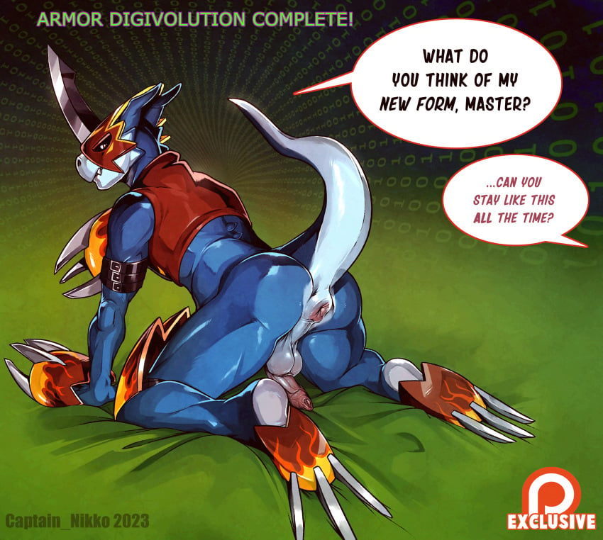 absurd_res all_fours anthro anus ass balls bandai_namco blue_body blue_scales captain_nikko claws clothing dialogue digimon digimon_(species) flaccid flamedramon foreskin genitals hi_res humanoid_genitalia humanoid_penis male mask penis presenting presenting_hindquarters raised_tail rear_view scales scalie solo speech_bubble tail topwear vest