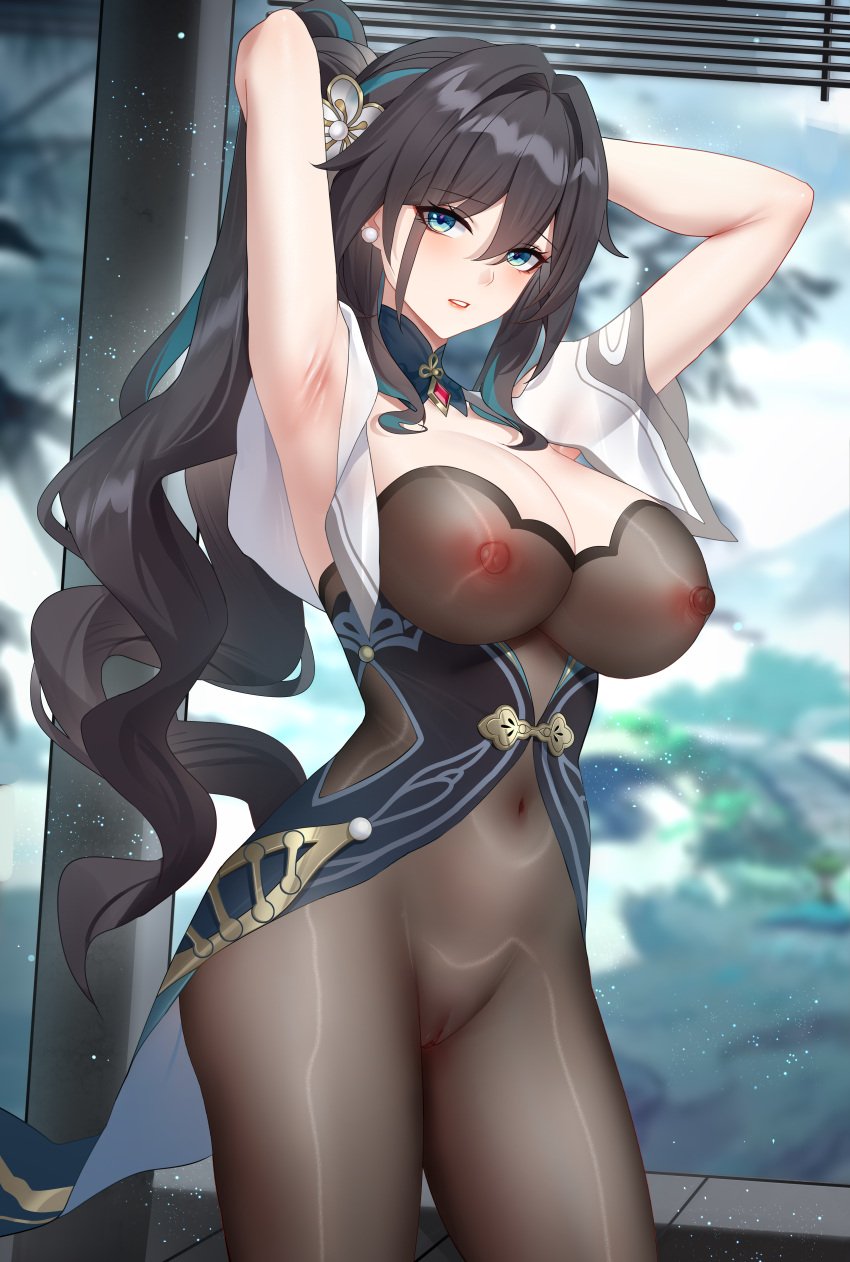 absurdres alternate_hairstyle aqua_dress armpits arms_up black_bodysuit black_hair blush bodysuit commentary_request covered_nipples cowboy_shot dress earrings female hair_between_eyes hair_intakes highres honkai:_star_rail honkai_(series) jewelry long_hair looking_at_viewer multicolored_hair parted_lips partial_commentary ponytail pussy ruan_mei_(honkai:_star_rail) see-through see-through_bodysuit solo standing streaked_hair very_long_hair wu_ganlan_cai