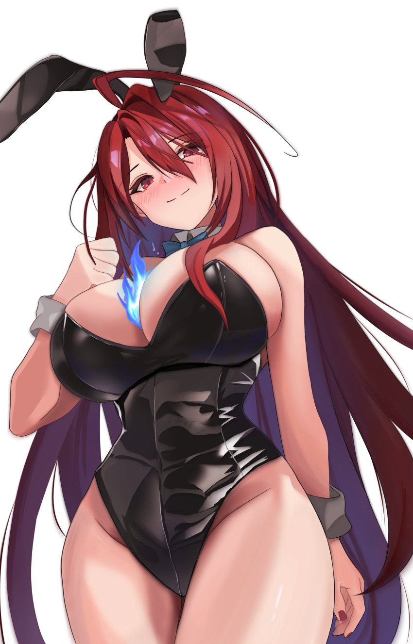 1girls 97_(sevenninet47503) blush breasts bunnysuit elizabeth_rose_bloodflame fake_animal_ears fake_rabbit_ears female female_only hololive hololive_english hololive_english_-justice- huge_breasts light-skinned_female light_skin nose_blush red_eyes red_hair red_nails simple_background solo virtual_youtuber white_background