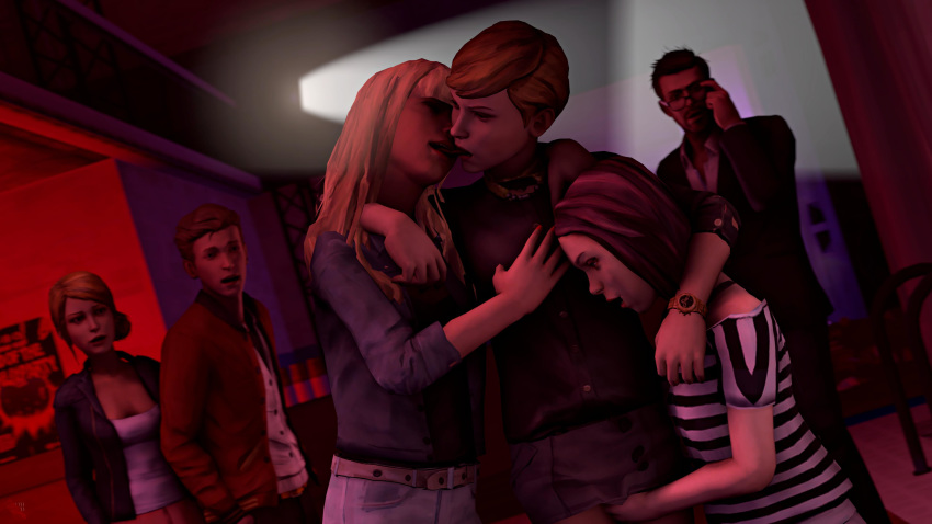 2boys 3d 4girls blonde_hair brown_hair closed_eyes courtney_wagner deathhandsfm hand_on_breast juliet_watson kissing life_is_strange mark_jefferson nathan_prescott taylor_christensen tongue_kiss victoria_chase yuri