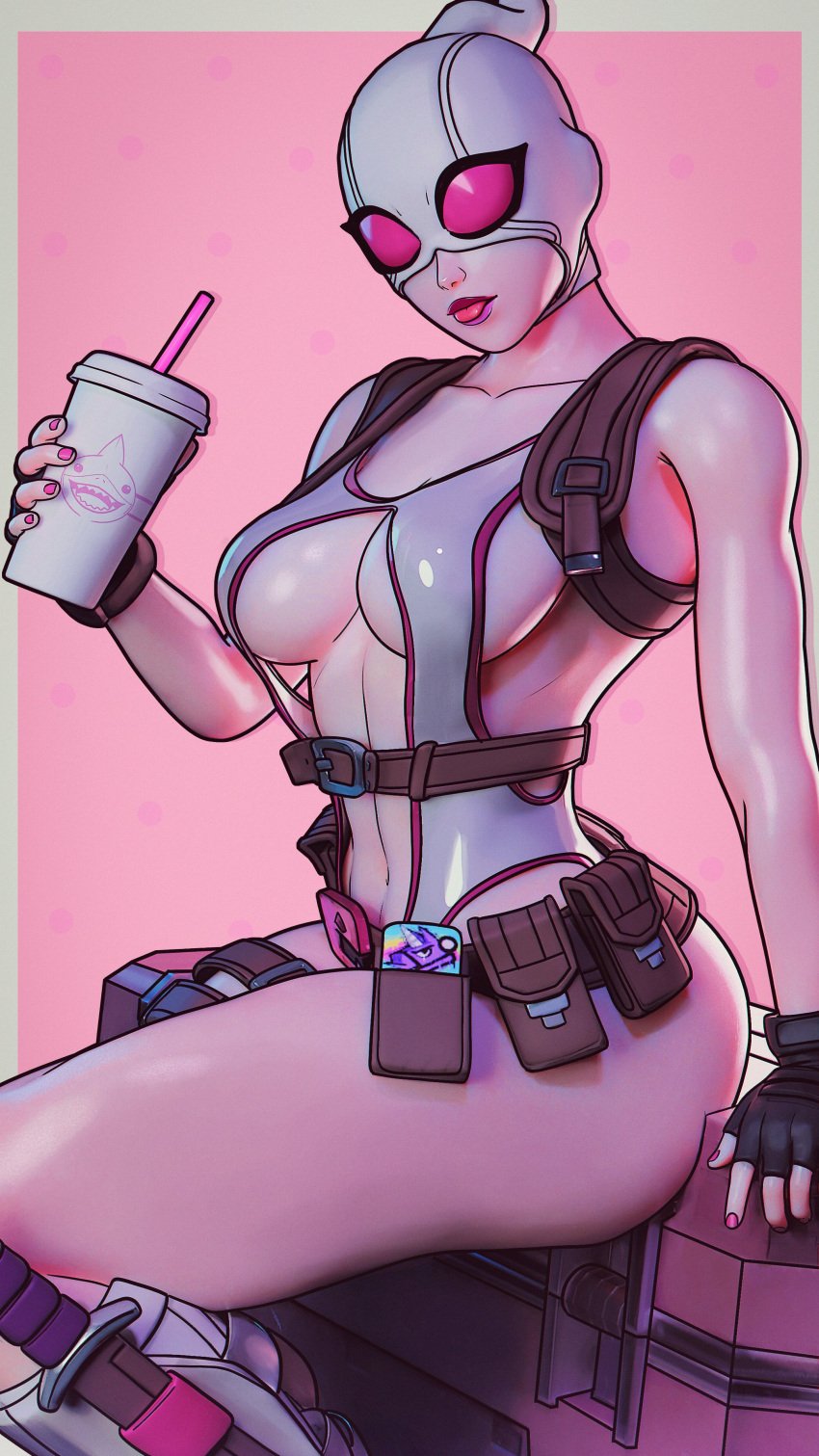 belt belt_buckle big_butt big_penis drinking female fingerless_gloves gwen_poole gwenpool looking_at_viewer marvel marvel_comics mask masked masked_female pink_background pink_eyes pink_nails pinup pouch sfrinzy sideboob soda soda_cup solo solo_female solo_focus tagme thick_ass tongue tongue_out underboob