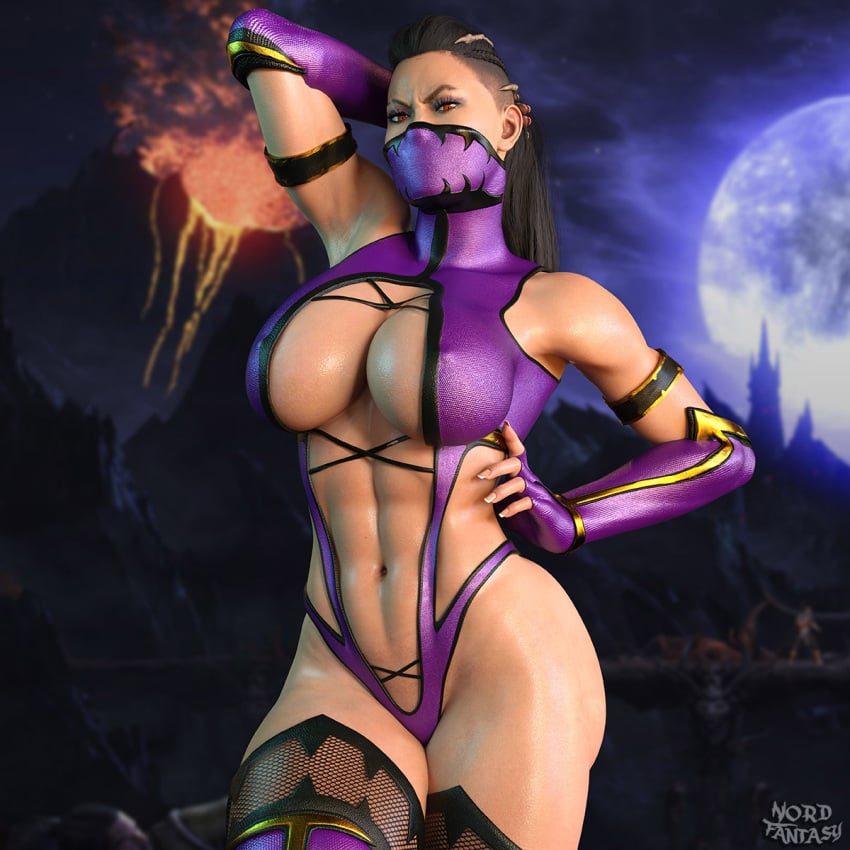 3d abs athletic_female black_hair busty facemask female female_focus female_only fit_female hourglass_figure large_breasts leotard light-skinned_female long_hair mask masked masked_female mature_female mileena mileena_(new_era) mortal_kombat mortal_kombat_1_(2023) navel nordfantasy ponytail skimpy skimpy_clothes slim_waist tagme thick_thighs wide_hips