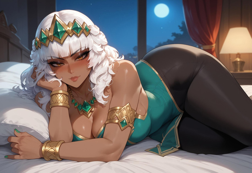 1girl ai_generated bangle black_legwear bracelet dark-skinned_female dark_skin dress gold_eyes green_dress large_ass league_of_legends looking_at_viewer makeup mascara necklace qiyana_yunalai riot_games rkmjhl6yn6 tiara