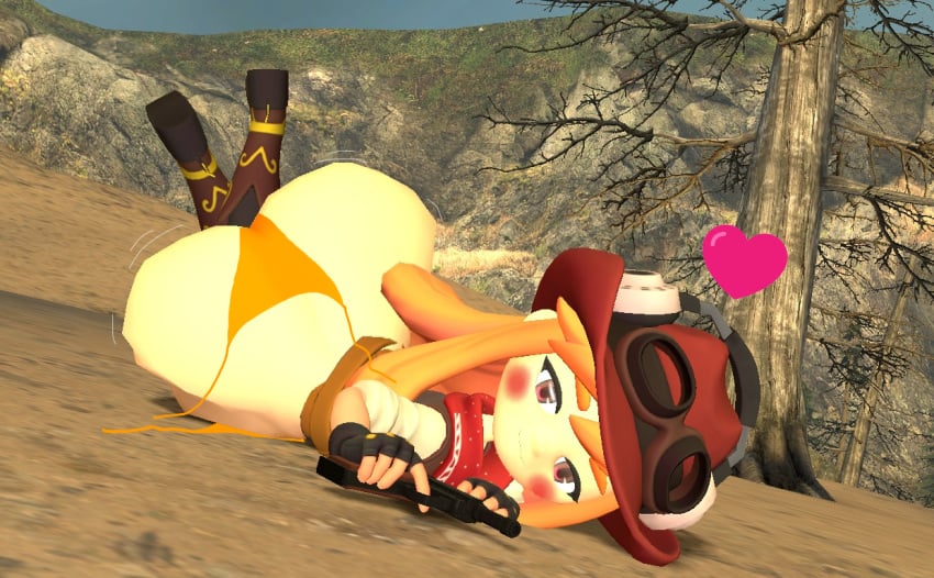 3d ass_jiggling big_ass big_butt big_butt_cheeks bikini_bottom bikini_bottom_untied blushing_at_viewer bubble_butt butt_cheeks butt_crack cowgirl_outfit female_only gun heart human_meggy kaibernation laying_on_ground looking_at_viewer meggy_spletzer pants_down smg4 western