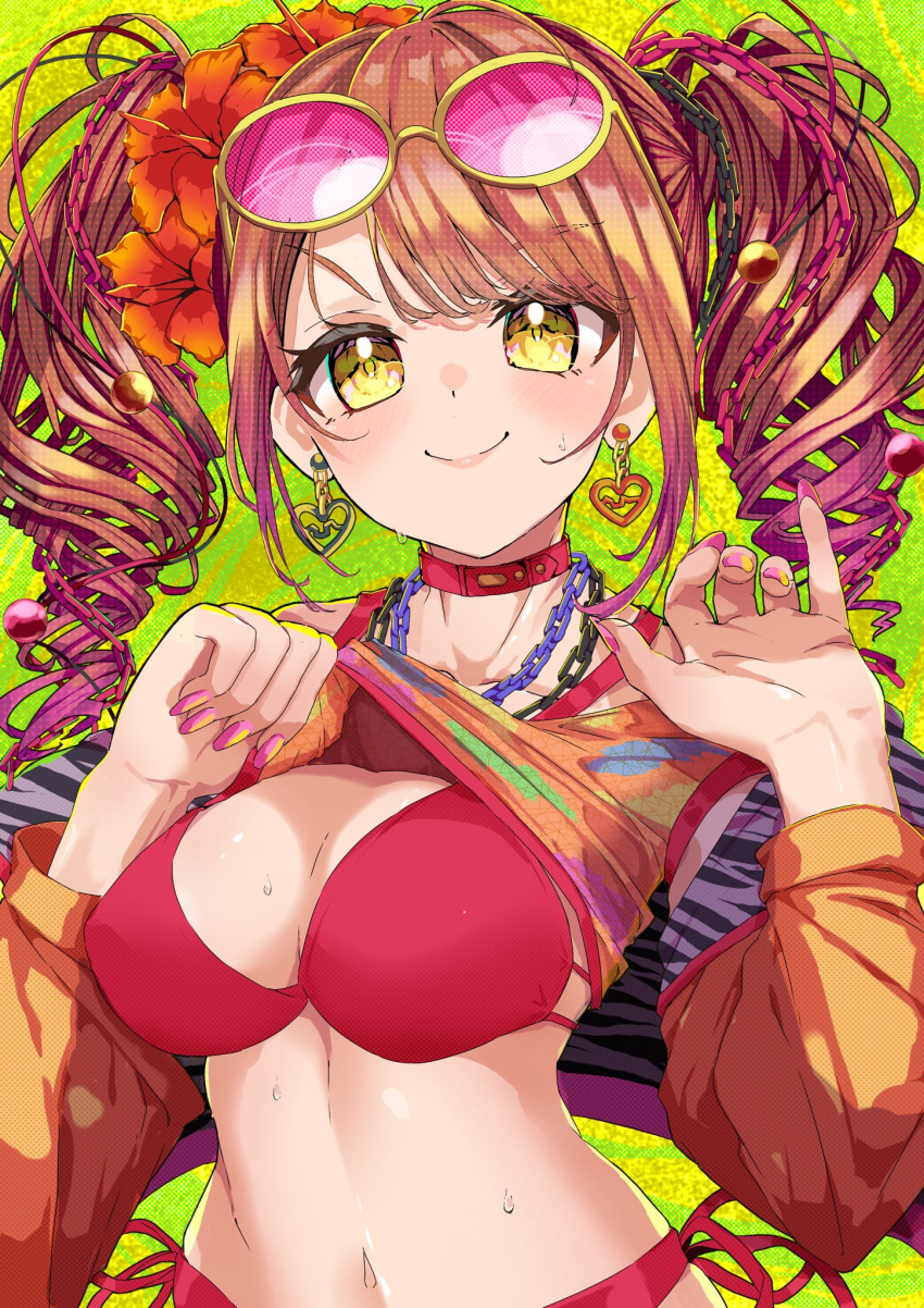 bikini breasts d4dj dyna_(artist) flashing_breasts nipple_bulge partially_clothed seto_rika sweat