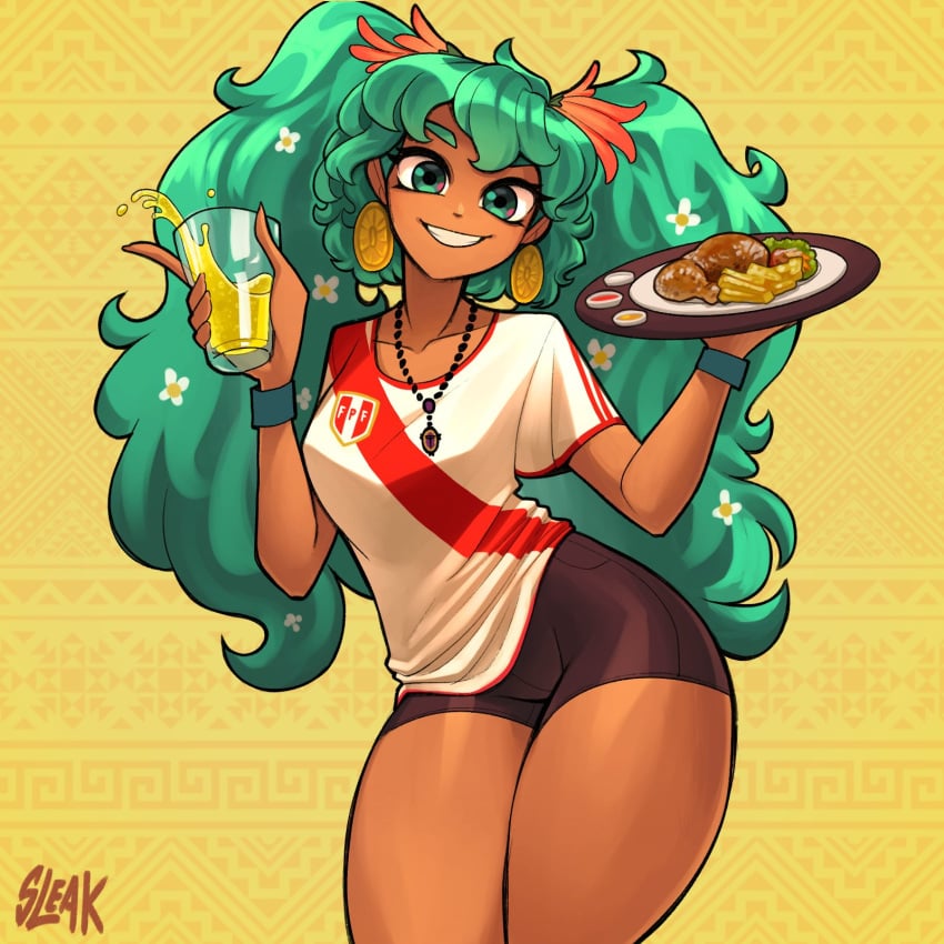 aesthetic asian_latina blue_eyes blue_hair dark-skinned_female ear_piercing earrings federacion_peruana_del_futbol flowers flowers_in_hair football_uniform hatsune_miku hips holding_glass holding_object holding_plate inca_kola latin_american_hatsune_miku_(meme) latina nostalgiacore nostalgic peruvian peruvian_female peruvian_flag peruvian_miku pueblo_marron shorts sleakj3 small_breasts smiling soccer_uniform thick_thighs vocaloid watermark