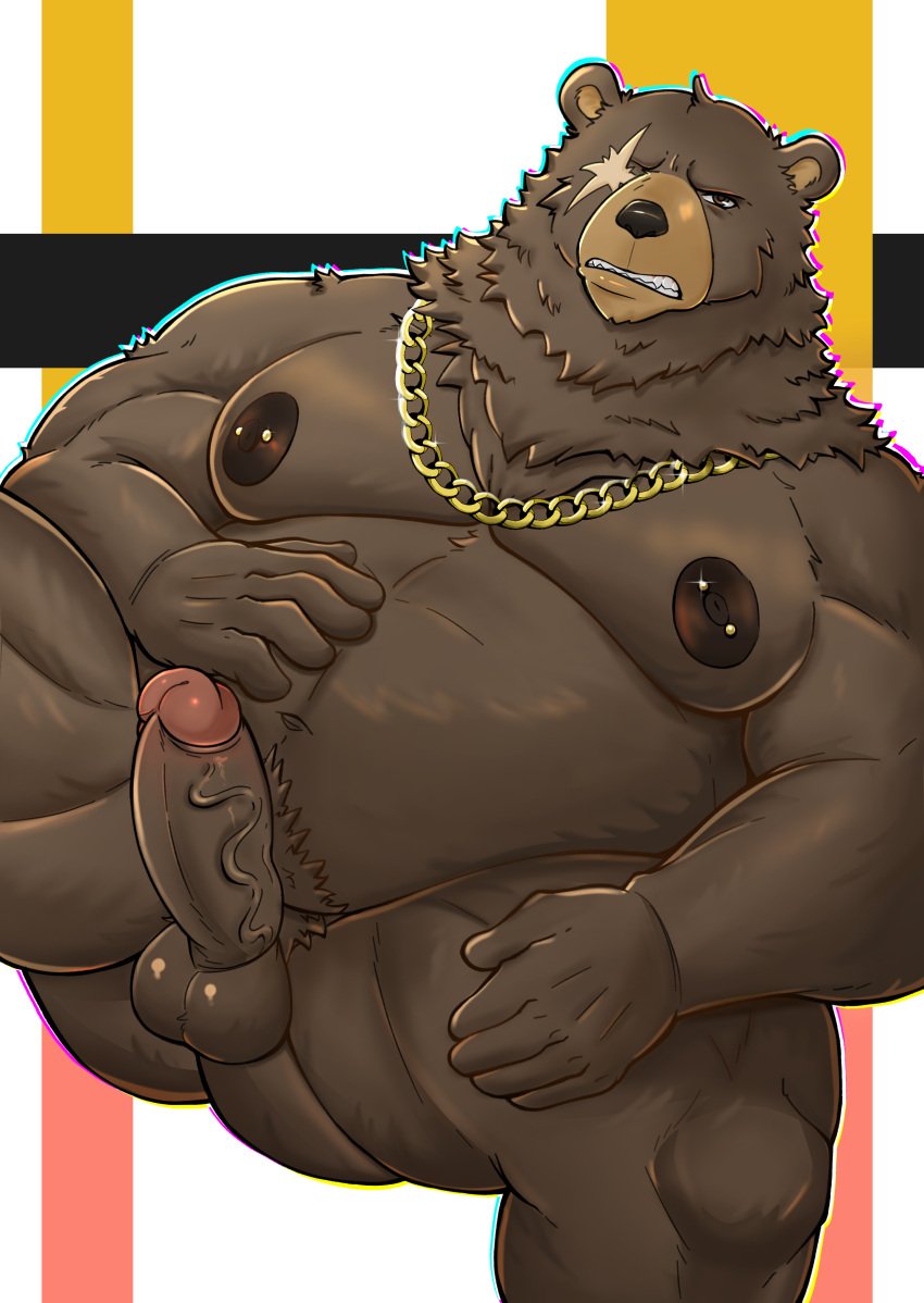 2024 absurd_res anthro areola ass balls bear belly ben_bigger big_butt biped blush brown_bear brown_body brown_fur digital_media_(artwork) erection fur genitals glans gold_(metal) hair hi_res humanoid_genitalia humanoid_penis jirux looking_at_viewer magazine male male_anthro male_only mammal mihoyo moobs nipple_piercing nipples nude overweight overweight_anthro overweight_male penis piercing simple_background smile solo solo_male text ursine vein veiny_penis white_background white_body white_fur zenless_zone_zero