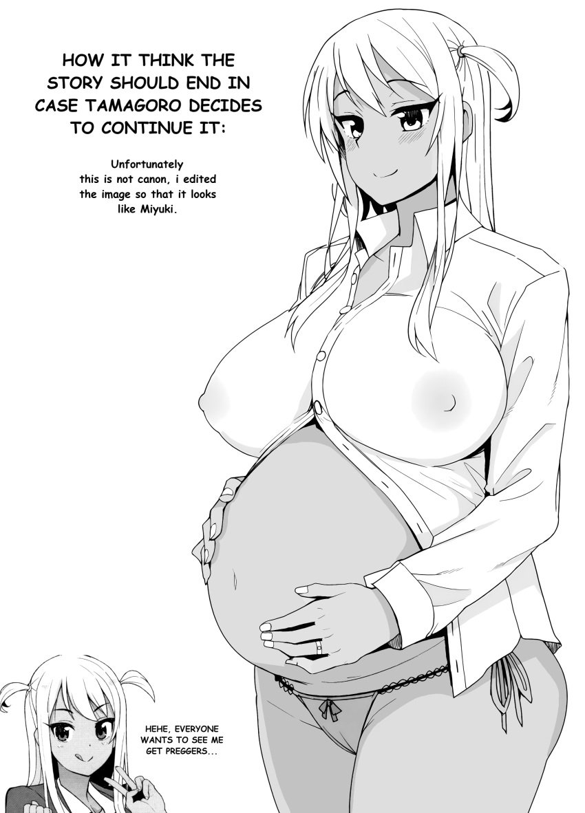 1girls big_belly big_breasts dark-skinned_female dark_skin doujinshi edit edited english english_text female gyaru happy happy_female hi_res high_resolution highres huge_breasts long_hair miyuki_(tamagoro) oc original_character panties pregnant pregnant_female schoolgirl shirt smile smiling soft_smile tamagoro translucent_clothing twintails