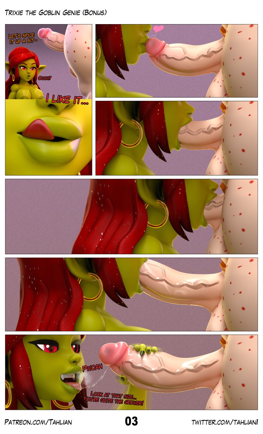 3d_(artwork) absurd_res big_breasts bodily_fluids breasts comic dialogue digital_media_(artwork) duo ear_piercing ear_ring fellatio female female_penetrated genitals goblin goblin_female green_body green_skin gynomorph_(lore) hair hi_res humanoid_pointy_ears licking licking_lips licking_own_lips male male/female male_penetrating male_penetrating_female nipples not_furry nude oral penetration penile penis piercing pubes red_hair ring_piercing rule_63 saliva saliva_string sex tahlian text tongue tongue_out vein veiny_penis