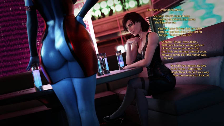 2girls 3d alien alien_girl alien_humanoid asari ass ass_focus ass_visible_through_clothes dinoboy555 english english_text female femshep futanari mass_effect red_hair transparent_clothing