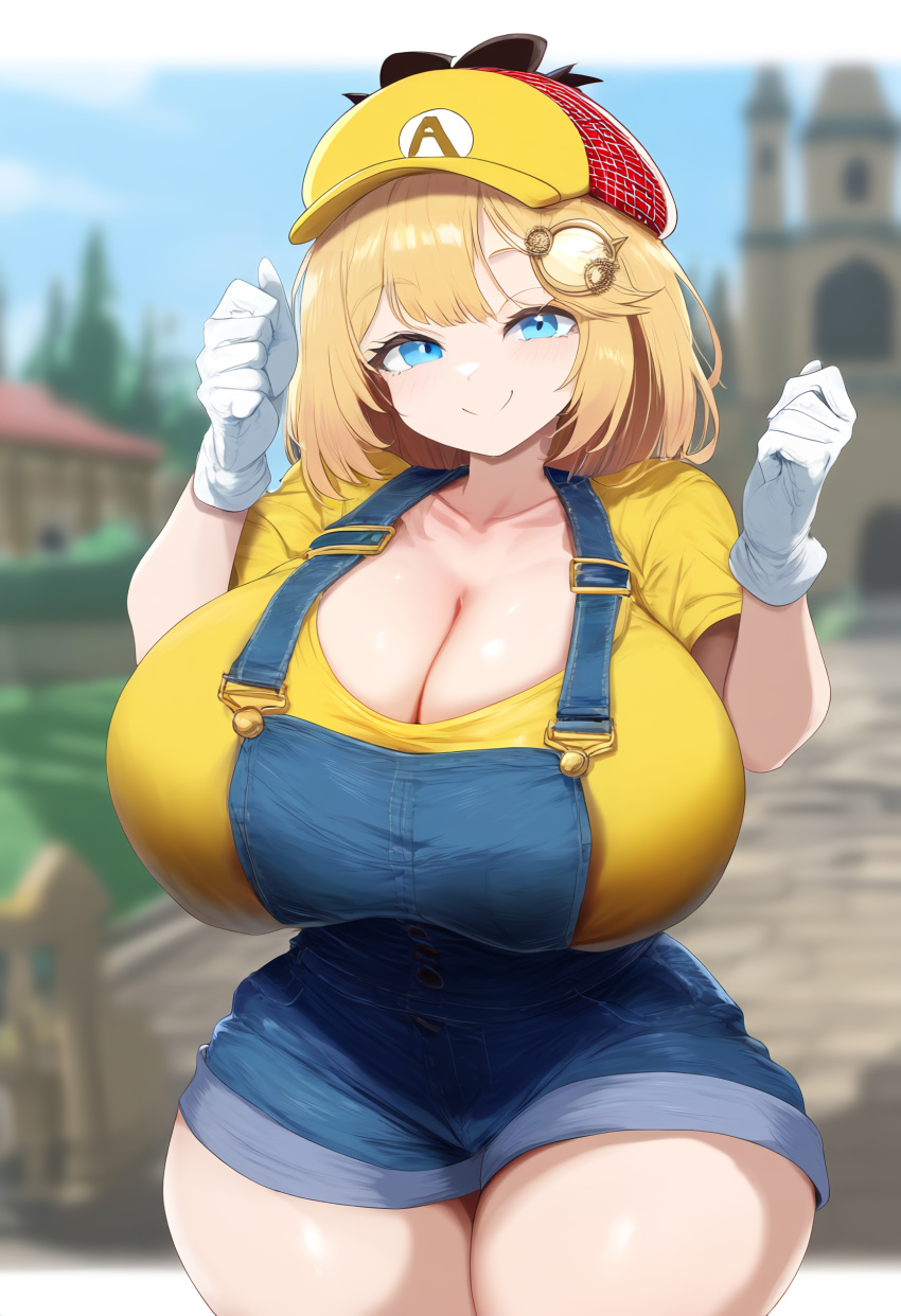 ai_generated ameanon big_breasts blonde_hair blue_eyes breasts cleavage gloves hololive hololive_english hololive_myth huge_breasts large_breasts mario_(cosplay) mario_hat mommy overalls thick_thighs virtual_youtuber vtuber watson_amelia white_gloves yellow_hat