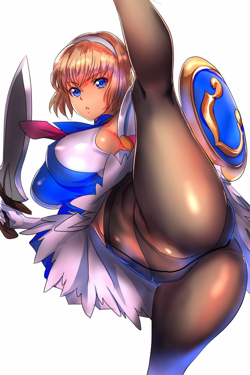 1girls 2021 ass big_breasts blonde_hair blue_eyes cassandra_alexandra female female_only flexible hairband hi_res judgem29 looking_at_viewer nipple_bulge panties_under_pantyhose pantyhose shield solo soul_calibur soul_calibur_ii splits standing_split sword thick_thighs white_background