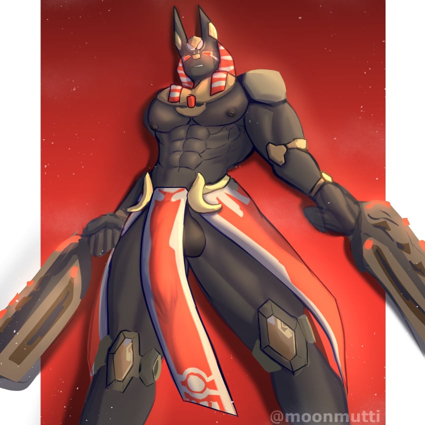 anubis anubis_reaper bara big_penis egyptian_mythology furry gay hi_res large_penis loincloth male_only moonmutti muscular muscular_male overwatch overwatch_2 pecs reaper red_eyes simple_background solo_male