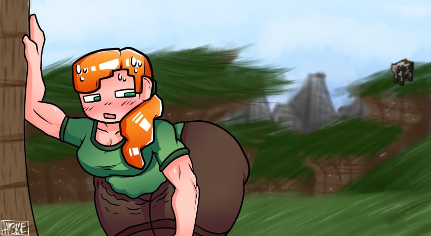 1girls 2d 2d_(artwork) about_to_fart alex_(minecraft) artist_signature ass ass_bigger_than_head ass_bigger_than_torso background blush blush_lines breasts chubby chubby_female cleavage cow_(minecraft) female female_only gassy gassy_female green_eyes hamb0ne hips hips_wider_than_shoulders minecraft orange_hair stomach stomach_bulge sweat sweatdrop upset_stomach