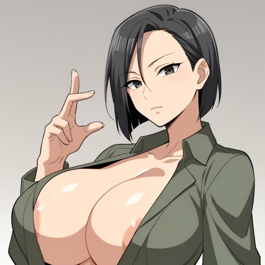 ai_generated areola_slip areolae artist_request big_breasts black_hair cleavage domain_expansion etra-chan_saw! karin_(etra-chan_saw!) lazy_tags low_effort source_request sweater tagme tomboy