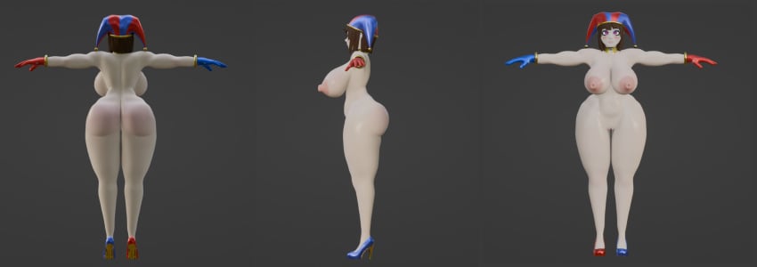 3d ass brown_hair coel3d exposed_torso female footwear glitch_productions gooseworx handwear headwear high_heels huge_ass huge_breasts human jester_hat nipples pale_skin pomni_(the_amazing_digital_circus) the_amazing_digital_circus thick_thighs wip