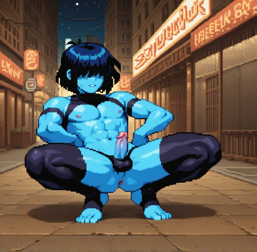 2d ai_generated femboy ikntlive kris_(deltarune) male_only pixel_art presenting retro_artstyle solo squat stirrup_legwear