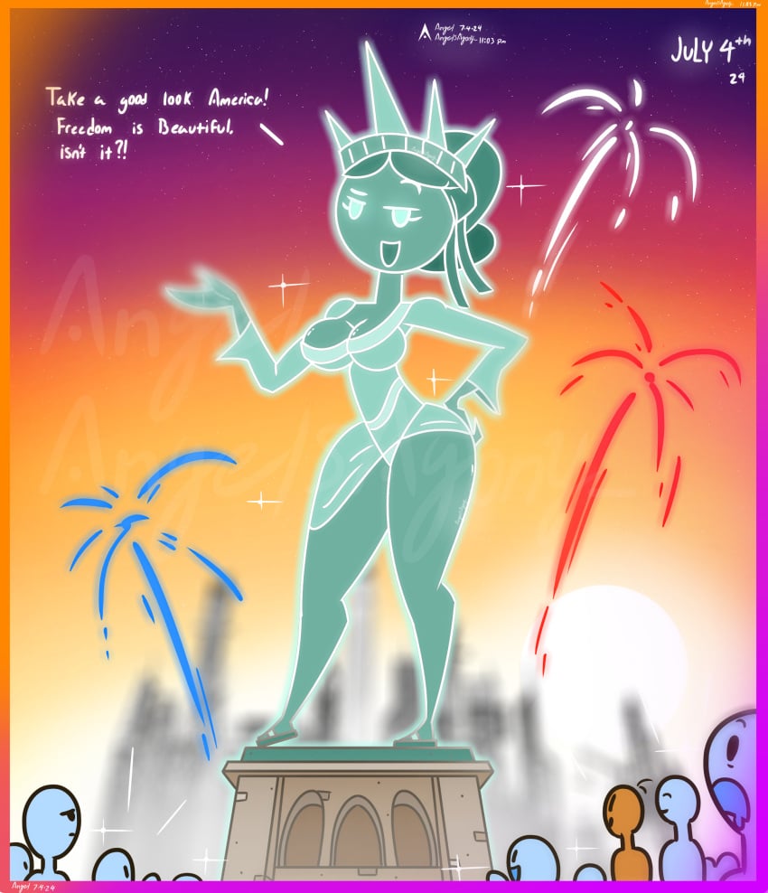 agonywelds ass breasts city_background cleavage crowd fine_art fine_art_parody fireworks hands_on_hips lady_liberty looking_at_viewer public_domain statue_of_liberty sunset text thick_ass thick_thighs thighs underwear upskirt