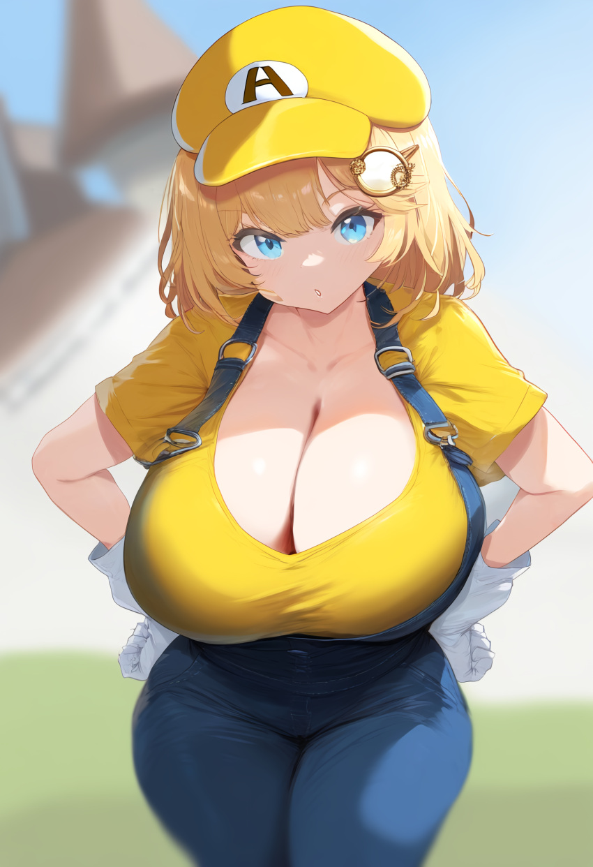 ai_generated ameanon big_breasts blonde_hair blue_eyes breasts cleavage gloves hands_on_hips hololive hololive_english hololive_myth huge_breasts large_breasts mario_(cosplay) mario_hat mommy overalls thick_thighs virtual_youtuber vtuber watson_amelia white_gloves yellow_hat