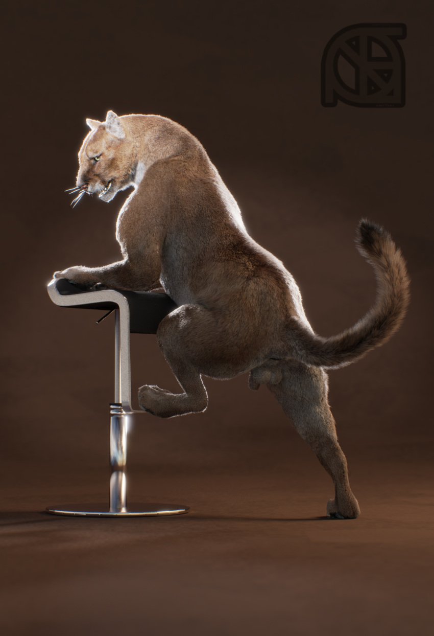 3d animal_genitalia anthro anus ass backsack balls brown_balls brown_sheath chair cosmiclife cougar detached_sheath feline feline_sheath feral fur hi_res hunter_(cosmiclife) looking_at_viewer male male_only mammal paws pinup pose raised_tail realistic semi-anthro solo spread_legs spreading stool whiskers