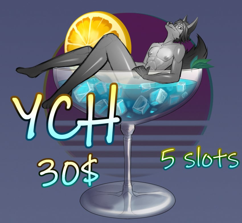 1boy 2024 abs anthro ass blue canine cocktail cup decoration digital_media_(artwork) drink femboy fixed furry furry_only glass hair ice in_cup in_glass in_water leaf leafs lemon looking_at_viewer male micro nipples oc sale scarlet_side smile tail twink water wet ych