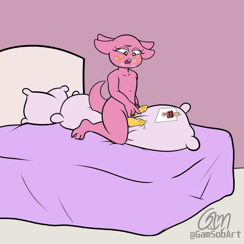 2_penises anthro anthro_only axolotl axolotl_girl axolotl_humanoid bed bedroom blush cute cute_girl diphallia diphallism flat_chest futa_only futanari gamsobart_(artist) intersex masturbating masturbation multi_penis penis pillow pillow_humping pillows pink_skin self_upload