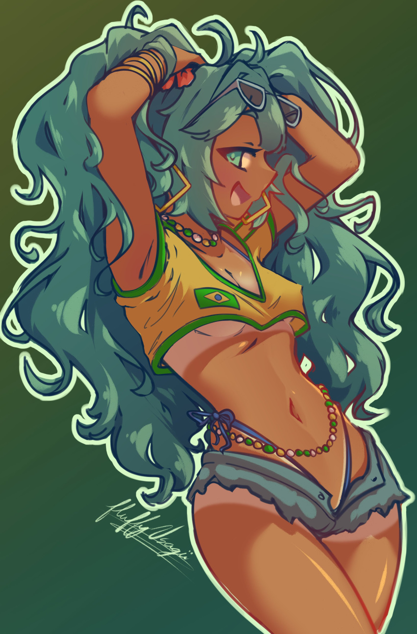 1girls blue_eyes blue_hair brazil brazilian brazilian_female brazilian_flag brazilian_miku crop_top denim denim_shorts ear_piercing earrings erect_nipples erect_nipples_under_clothes flower_in_hair fluffyusagii hands_on_head hatsune_miku latin_american_hatsune_miku_(meme) latina looking_at_viewer necklace short_shorts shorts side-tie_bikini side_view small_breasts soccer_uniform sunglasses sunglasses_on_head tan-skinned_female tan_body tan_line tan_lines tan_skin tanline tanlines tanned tanned_body tanned_female tanned_girl tanned_skin thong twintails underboob vocaloid whale_tail