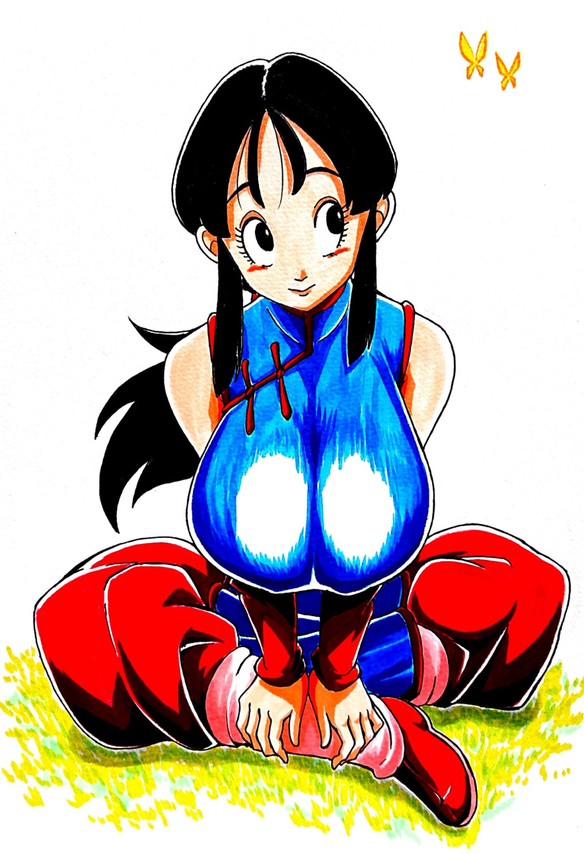 1girls area5169458561 big_breasts breasts chichi dragon_ball dragon_ball_z female fully_clothed large_breasts legs_crossed long_hair more_at_source sitting traditional_media_(artwork)