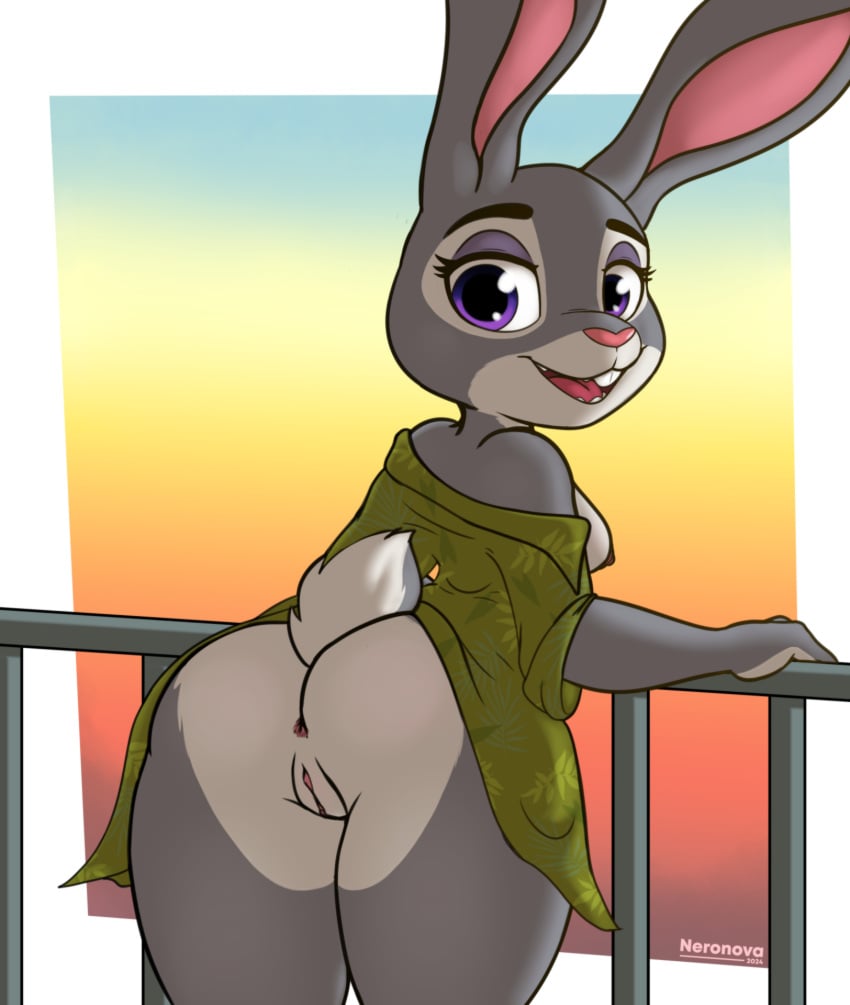 anthro anus ass big_butt biped breasts clothed clothing disney eyelashes female fur genitals grey_body grey_fur hi_res judy_hopps lagomorph leporid looking_at_viewer looking_back mammal neronova nipples open_mouth pupils purple_eyes pussy rabbit smile thick_thighs zootopia