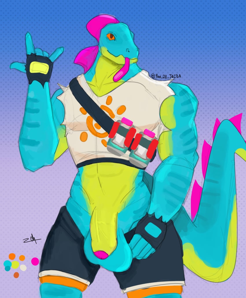 absurd_res anthro balls clothing crop_top epic_games explosives fortnite genitals gloves grenade handwear hi_res jaiba lizzik_(fortnite) male penis reptile scalie shirt solo stripes tail tongue tongue_out topwear weapon