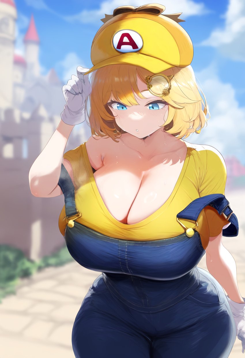 ai_generated ameanon big_breasts blonde_hair blue_eyes breasts cleavage gloves hololive hololive_english hololive_myth huge_breasts large_breasts mario_(cosplay) mario_hat mommy overalls strap_slip sweat thick_thighs virtual_youtuber vtuber watson_amelia white_gloves yellow_hat