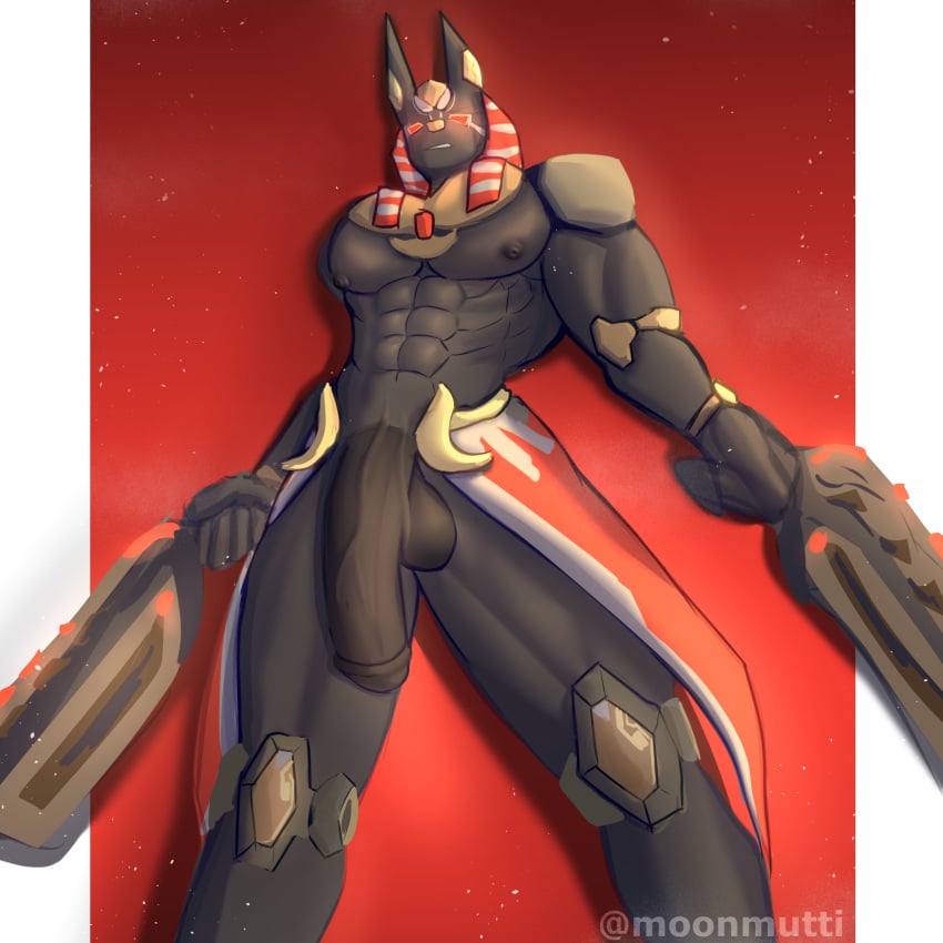 anubis anubis_reaper bara big_penis egyptian_mythology furry gay hi_res large_penis loincloth male_only moonmutti muscular muscular_male overwatch overwatch_2 pecs reaper red_eyes simple_background solo_male