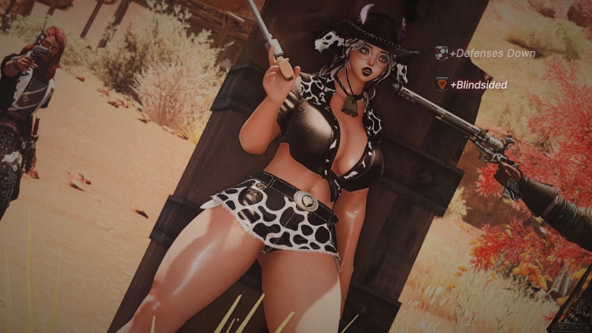 cow_girl cow_print defeated final_fantasy_xiv game_ui gpose(ffxiv) gun screenshot sherry_reina